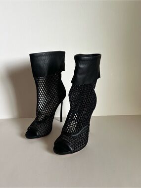 Casadei Black Mesh Peep-Toe Fold-Over Heeled Boots